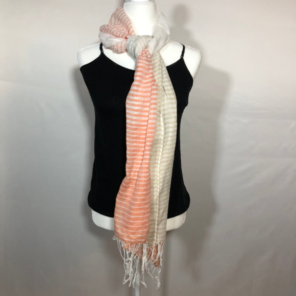 Sheer Salmon and Cream Stripe Fringe Scarf - Picture 4 of 4